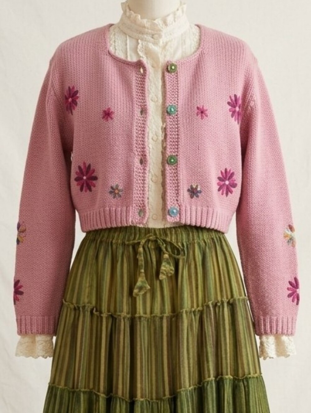 Vintage Cottagecore Pink Knit Flower Embroidered Cropped Cardigan M 100% Cotton